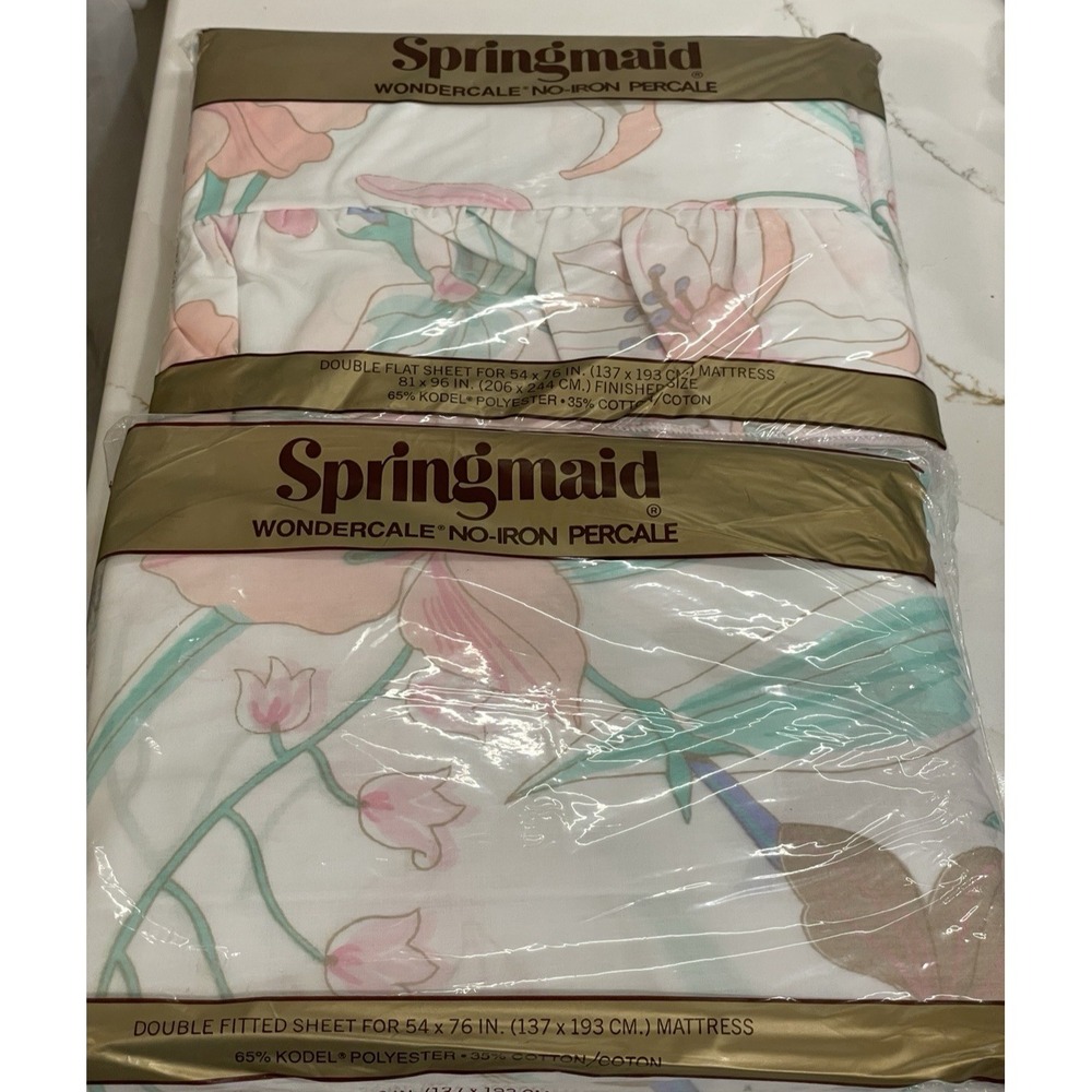 Vintage Springmaid Lillium Full/Double Fitted Flat Sheet Set Floral Ruffle New‎
